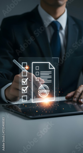 A professional audit checklist digital certificate business approval quality assurance compliance review secure signature tablet workflow document validation corporate office success focus