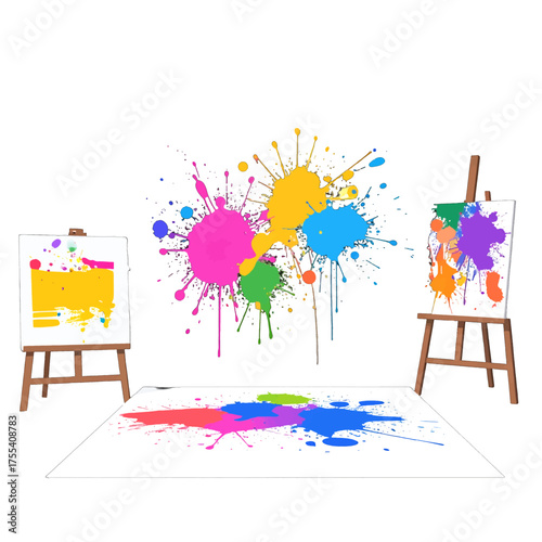 Artistic Studio with Colorful Splatters and Easels on White Background Painting Process and Creative Mess Illustrative Art