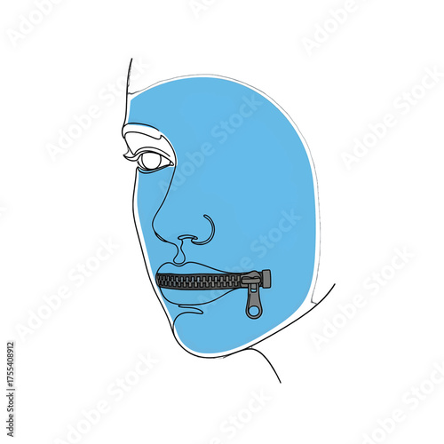 Outline of Woman's Face with Light Blue Fill and Zipper Mouth Depicting Concept of Silence on White Background Adobe Stock Photo