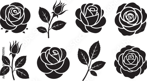 Black and White Art Assorted Roses, Buds, and Leaves Silhouette Collection