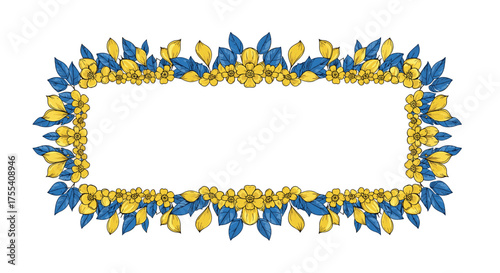 A decorative border featuring yellow and blue foliage patterns surrounding a rectangular white space.
