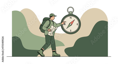 Determined Hiker Exploring Nature With Compass, Planning Adventure In Mountainous Terrain