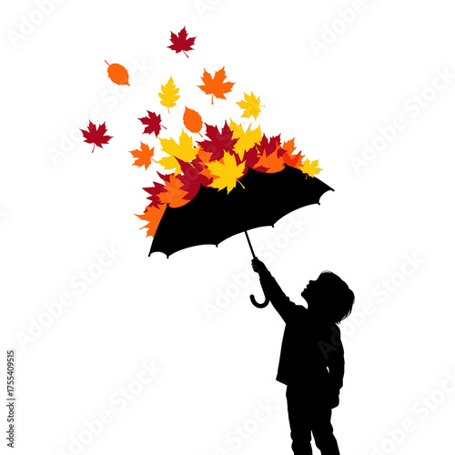 Silhouette of Child with Black Umbrella Catching Autumn Leaves Against White Background