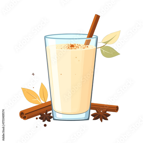 Pixelated Glass of Creamy Beige Beverage with Cinnamon Sticks and Leaves on White Background Vector Illustration