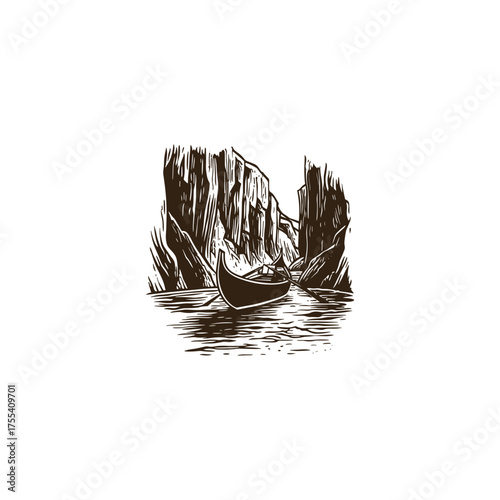 illustration featuring a lone person paddling a canoe or small boat down a river or gorge, surrounded by tall, dramatic cliffs