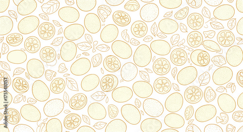 Abstract background of many textured yellow circular and oval shapes scattered randomly.
