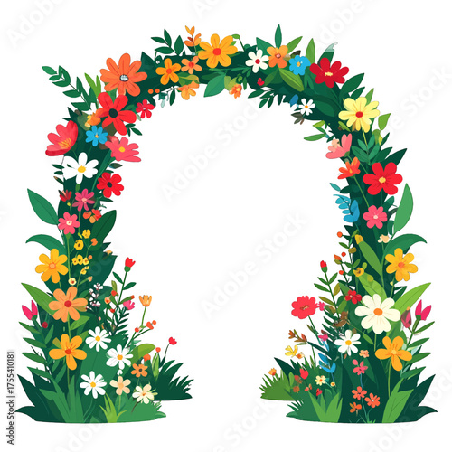 Colorful Floral Archway Illustration with Green Leaves and Vibrant Flowers on White Background for Decoration
