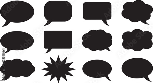 Black Speech Bubbles and Starburst Communication Icons with Varied Shapes