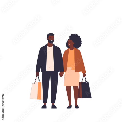 Pixelated Couple Holding Shopping Bags on White Background Minimalist Vector Illustration of an African American Man and Woman for E-commerce Art