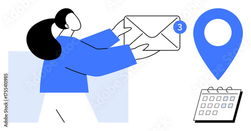 Woman holding email envelope with notification badge, calendar icon, and location pin. Ideal for communication, notifications, planning, scheduling, productivity messaging and organization. Simple