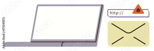 Open laptop with email icon and warning alert for harmful link. Ideal for cybersecurity, phishing, scams, data protection, IT safety, online caution, and digital privacy. Simple flat metaphor