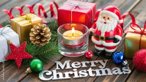 Festive holiday arrangement featuring a Santa Claus figure, wrapped gifts, a glowing candle, and “Merry Christmas” text on a rustic wooden surface.