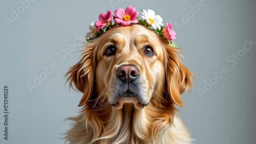 Golden retriever dog wearing flower crown on head looking calm gentle pet animal portrait with soft fur warm brown eyes close up isolated gray background detailed fur texture soft lighting