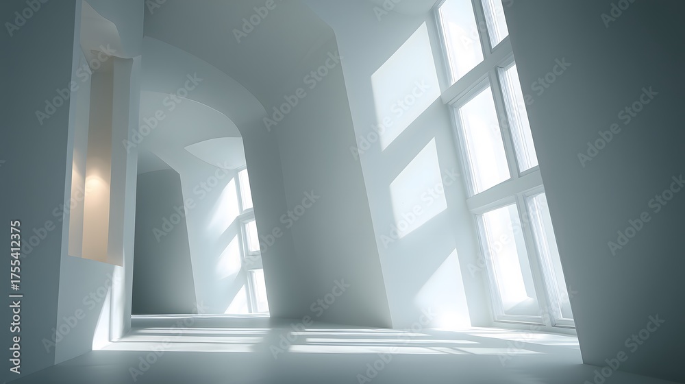 Obraz premium Modern abstract interior with white walls, Sunlight streaming through contemporary windows, Minimalist architectural space with bright light