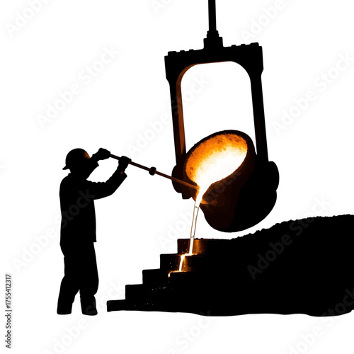 Industrial Metal Casting Process Black Silhouette Worker Pours Molten Metal from Crucible in White Background