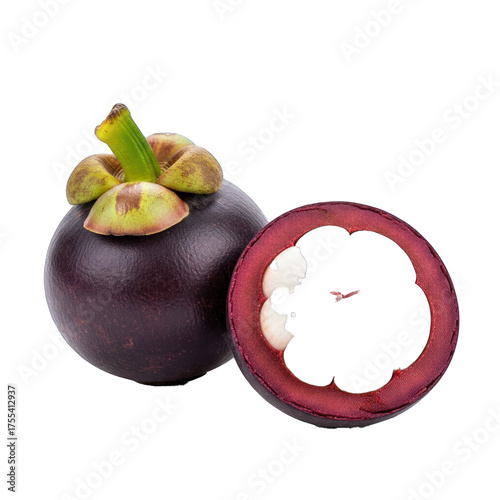 Fresh Mangosteen Fruit with Half-Cut Rind Revealing White Pulp, Isolated. PNG Isolated Transparent