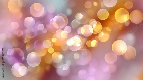 Soft pastel colored glowing light bokeh background, Abstract vibrant blurred circle shimmer texture, Festive bright golden and purple sparkle effect