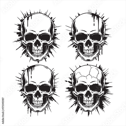 Four Black and White Skull Illustrations with Splatter Effects human skull graphic