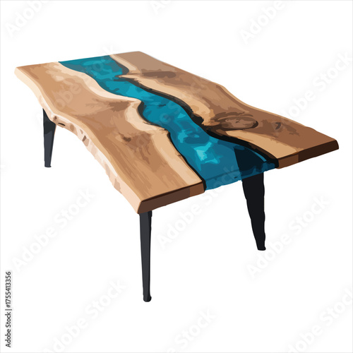 Live edge wood table with blue epoxy river inlay and black legs resin