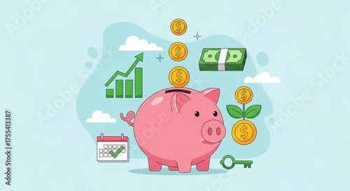 Piggy bank with coins falling into it, graph showing growth, money stack, calendar, key and coin plant symbolizing financial growth and savings