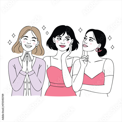 Three women with pink and purple clothing sparkling with joy and contemplation female