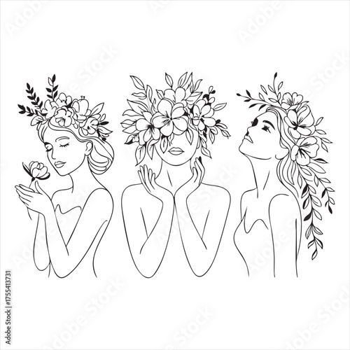 Three women with floral crowns and foliage line art illustration female