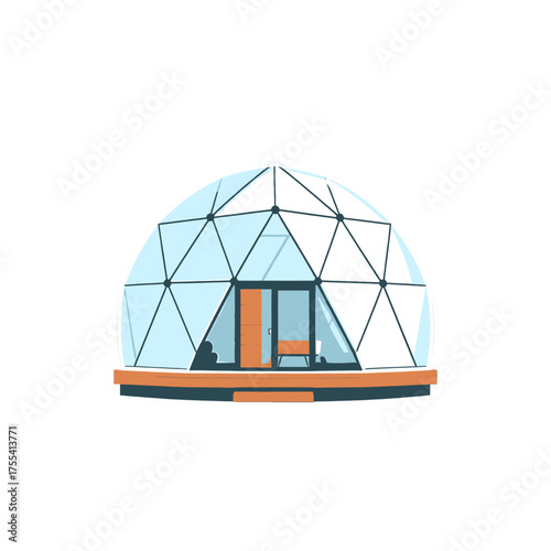 Isometric Geodesic Dome Structure with Triangular Panels on Elevated Platform Against White Background Minimalist Design Featuring Blue and Brown Accents Architecture Illustration