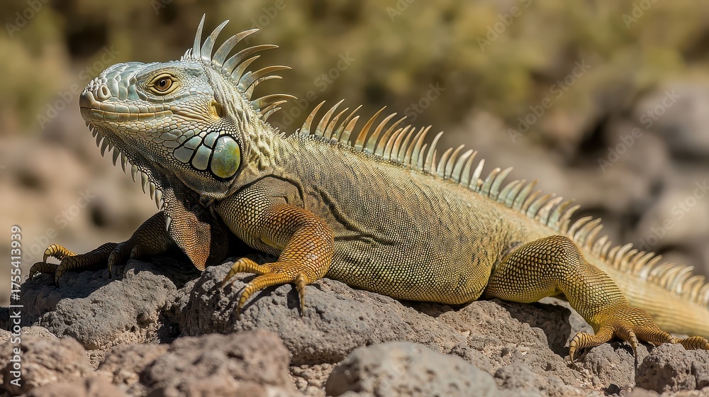 Fototapeta premium Iguana basking in sunlight on a rocky surface