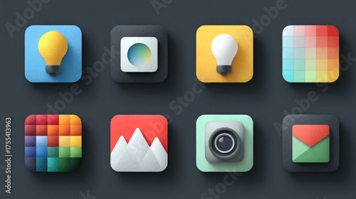 Vector Icon Set with Colorful Geometric App Symbols in Modern Minimalist Style