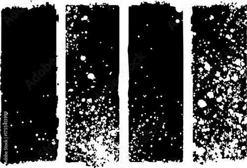 four black brush strokes are all different sizes and shapes. They are all black and have a rough, splotchy appearance