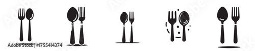 Collection of fork and spoon silhouettes, vector icons, black forks and spoons.