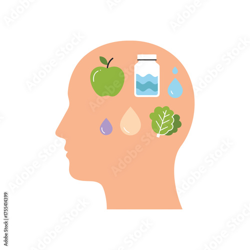 Human Head Silhouette with Healthy Food and Water for Mental Well-being