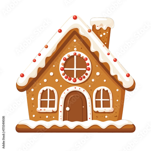 Detailed Gingerbread House Illustration with White Icing and Red Candy Accents on a White Background Vector