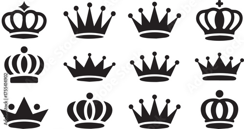 Royalty Collection Black Silhouette Illustrations of Various Crown Designs for Projects and Crafts