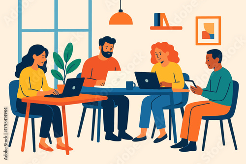 cartoon woman in the office doing laptop work