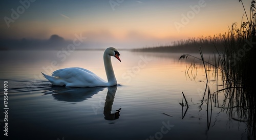 Peaceful swan in a tranquil sunrise over water