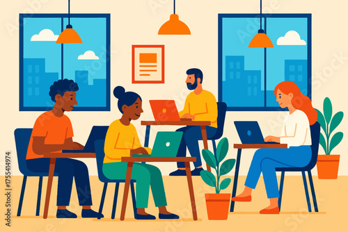 cartoon woman in the office doing laptop work