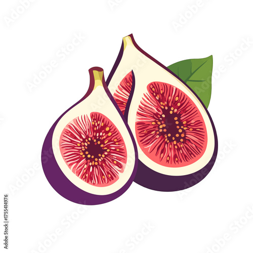 Digital Still Life of Purple Figs with Red Pulp and Green Leaf on White Background