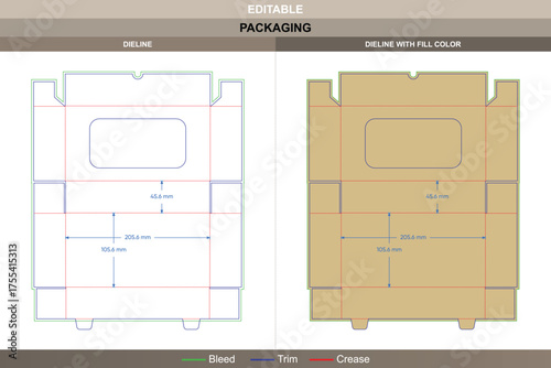 Custom flip top box with window dieline detailed vector packaging layout printing-ready design structure highlighting clear die line folds for transparent product display