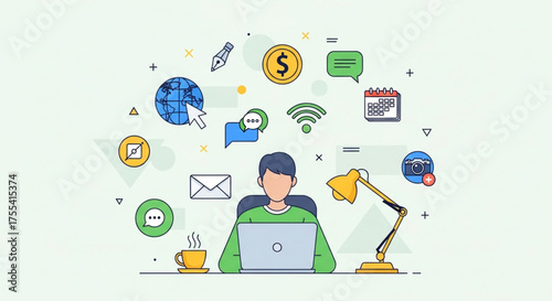 A person working on a laptop with icons representing various online activities, such as social media, email, and ecommerce, showcasing the digital lifestyle