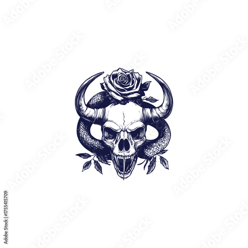 illustration featuring a horned skull with sharp fangs, intertwined with a snake, leaves, and crowned with a single rose flower