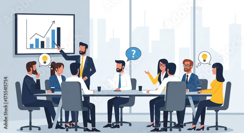 Business meeting illustration with diverse team discussing growth chart, brainstorming ideas, and collaborating in a modern office setting