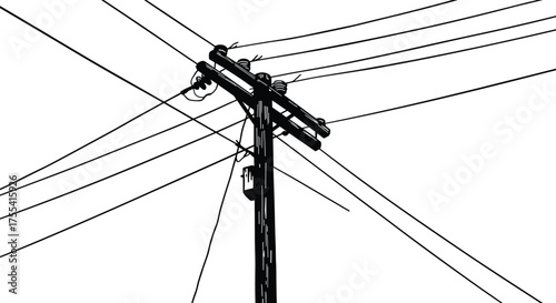 Black and white electric power pole illustration with multiple connected wires, vintage utility pole vector, industrial energy line drawing, minimalist style artwork