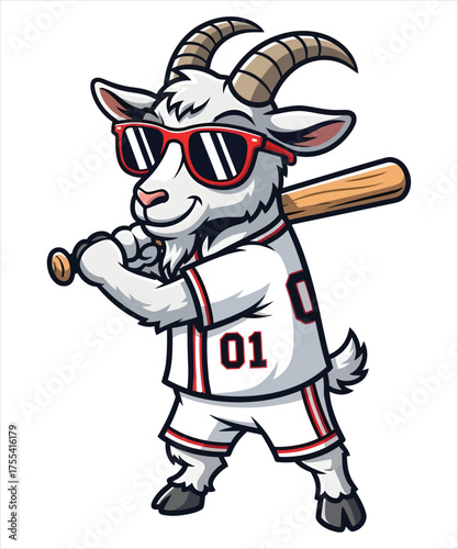 Cartoon Goat Mascot Ready to Play Baseball Wearing Sunglasses and a Baseball Jersey Uniform with Bat