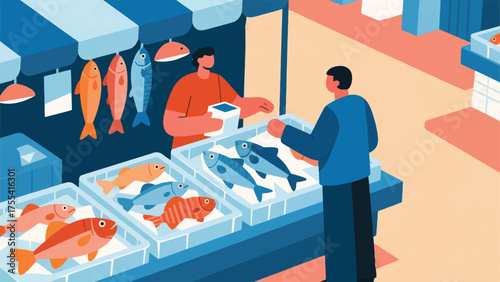 Illustration Of Person Buying Fish At A Traditional Fish Market, With Various Types Of Fish Displayed On Ice Vector Design Template