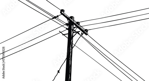Black and white vector illustration of electric power pole with multiple wires, vintage utility pole silhouette, electricity distribution network concept art