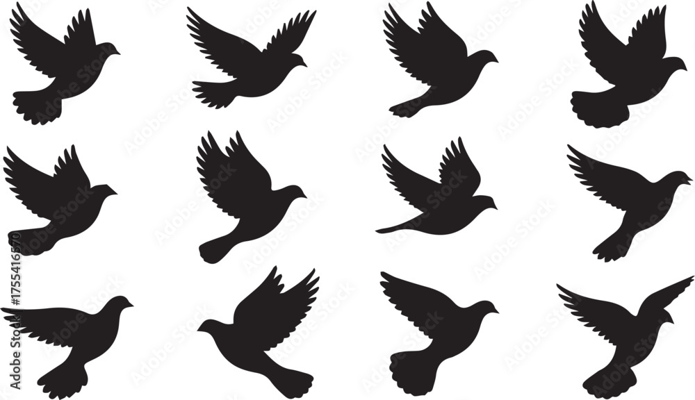 Obraz premium Twelve Silhouetted Doves Gracefully Ascend, Representing Peace, Freedom, and Tranquility Against a Pristine White Background