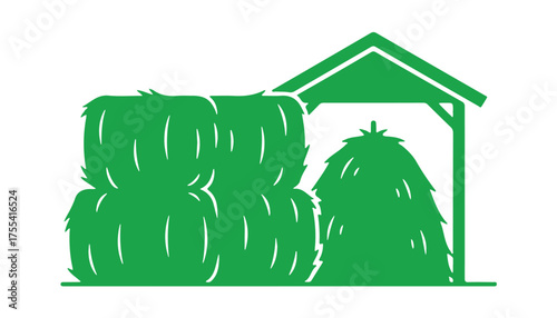 Icon featuring hay. A green silhouette showcasing rectangular bales or gathered haystacks in a hayloft. Dry grass or straw included.