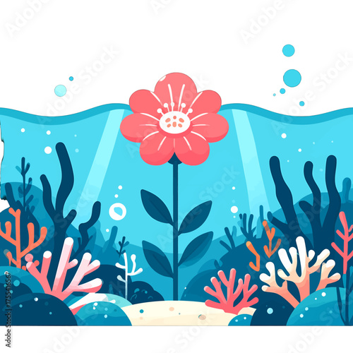 Stylized Underwater Scene with Coral Flower and Sunlight in Turquoise Blue Background Illustration