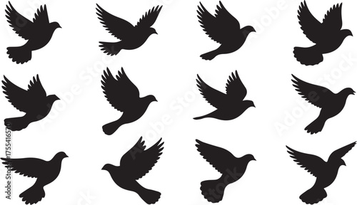 Twelve Silhouetted Doves Gracefully Ascend, Representing Peace, Freedom, and Tranquility Against a Pristine White Background